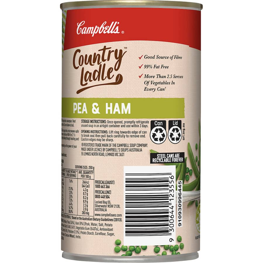 Canned Campbell's Country Ladle Soup featuring split peas, ham, and vegetables, 99% fat-free and high in fiber.