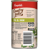 Canned Campbell's Country Ladle Soup featuring split peas, ham, and vegetables, 99% fat-free and high in fiber.