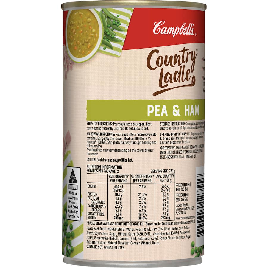 Campbell's Country Ladle Soup Pea & Ham in a can, featuring split peas, savory ham, and vegetables, 99% fat-free and fiber-rich.