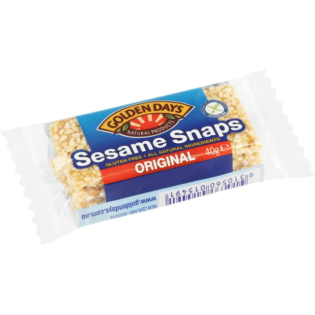 Golden Days Sesame Snaps Original: crunchy, gluten-free sesame treats bound in sweet syrup, ideal for healthy snacking.