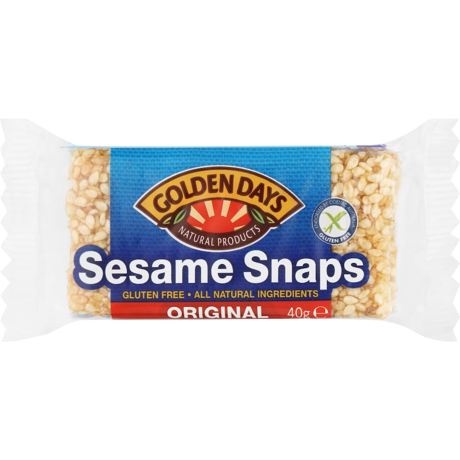 Golden Days Sesame Snaps Original, a gluten-free snack with crunchy roasted sesame seeds and sweet syrup, perfect for on-the-go enjoyment.