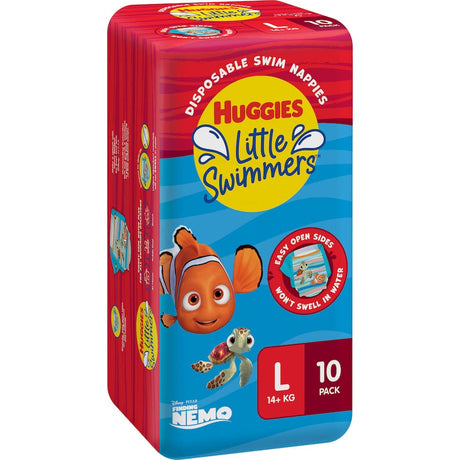 Huggies Little Swimmers Large swimpants for kids (14+kg), featuring Disney Pixar Nemo designs, leak guards, and non-swelling materials.