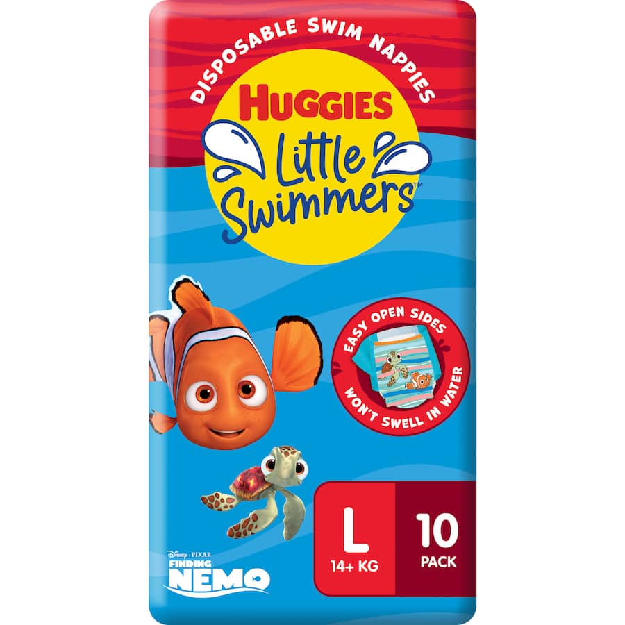 Huggies Little Swimmers Large swimpants feature Nemo designs, leak guards, and comfy stretchy sides for carefree aquatic fun.