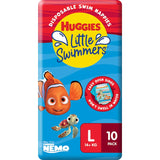 Huggies Little Swimmers Large swimpants feature Nemo designs, leak guards, and comfy stretchy sides for carefree aquatic fun.