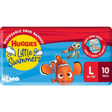 Huggies Little Swimmers Large swimpants with Disney Pixar Nemo design, absorbent, non-swelling fabric, and leak guards for swimming fun.