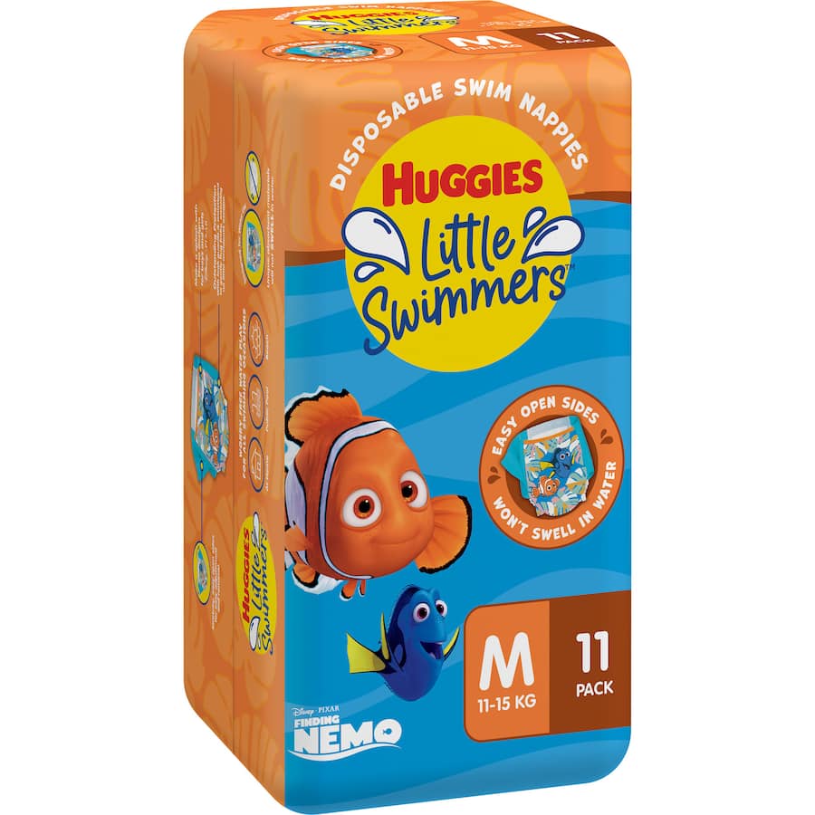 Huggies Little Swimmers Medium swim diapers (11-15kg) feature Nemo designs, leak guards, and water-friendly, non-swelling materials.