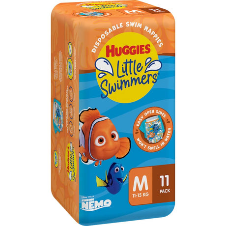 Huggies Little Swimmers Medium swim diapers (11-15kg) feature Nemo designs, leak guards, and water-friendly, non-swelling materials.