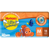 Huggies Little Swimmers Medium swim diapers with Nemo designs, leak guards, and stretchy sides for comfy water use.