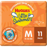 Huggies Little Swimmers Medium swim diapers (11-15kg) featuring Nemo designs, leak guards, and stretchy sides for comfort in water.
