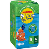 Huggies Little Swimmers Swimpants for 7-12kg babies, featuring Disney Nemo designs, leak guards, and easy open sides.