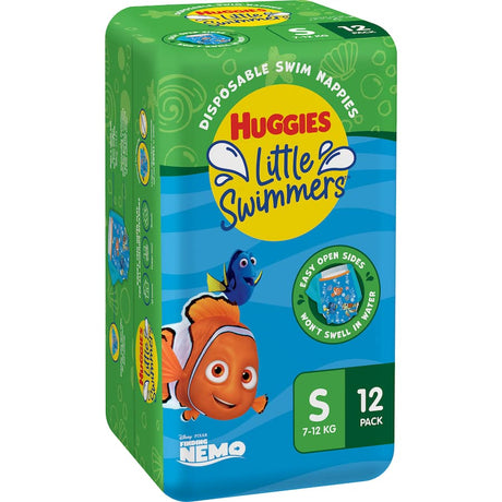 Huggies Little Swimmers Swimpants for 7-12kg babies, featuring Disney Nemo designs, leak guards, and easy open sides.