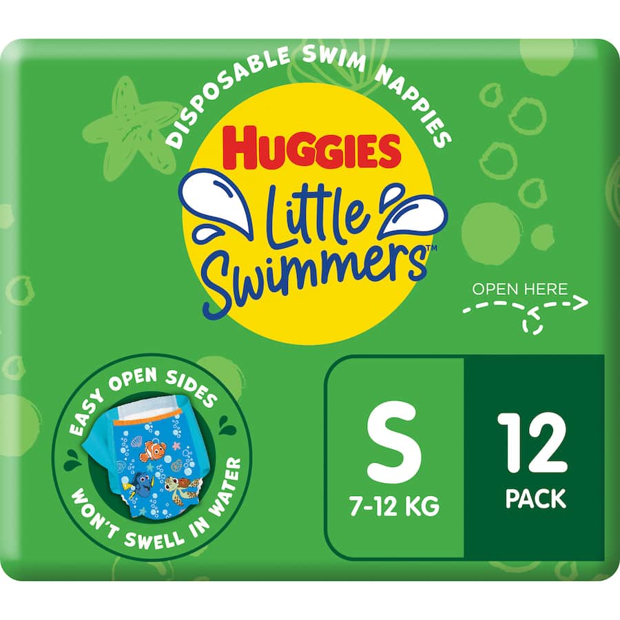 Huggies Little Swimmers Swimpants in Nemo design for comfort and safety, featuring leak guards and easy-open sides for kids 7-12kg.