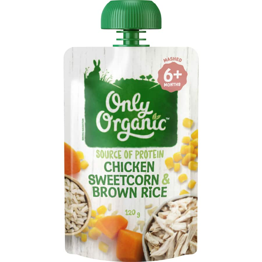 Organic baby food featuring tender chicken, sweet corn, and brown rice, perfect for infants transitioning to solid foods.