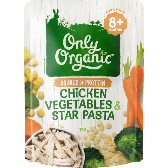 Organic baby food featuring chicken, vegetables, and star-shaped pasta, perfect for introducing new tastes and textures.