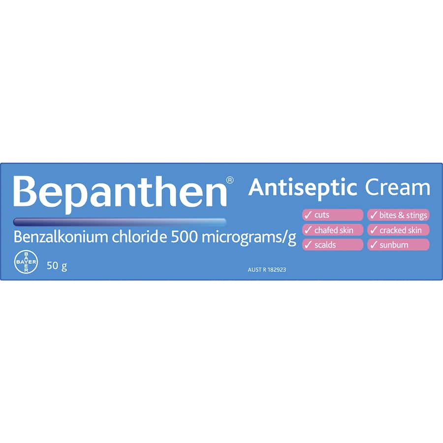 Bepanthen Antiseptic Soothing Cream for healing and protecting damaged skin, ideal for cuts, sunburn, and delicate baby skin.