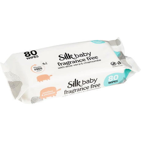 Plastic-free, fragrance-free Silk Baby Wipes made from 100% natural materials, soothing with aloe vera and chamomile.
