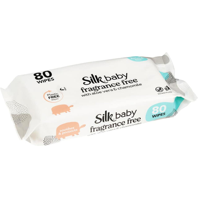 Plastic-free, fragrance-free Silk Baby Wipes made from 100% natural materials, soothing with aloe vera and chamomile.