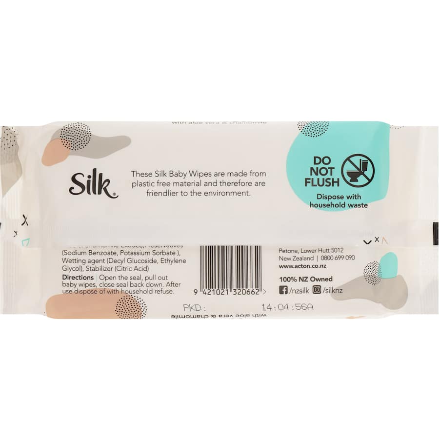 Silk Baby Wipes: Eco-friendly, plastic-free, fragrance-free with aloe vera and chamomile for delicate skin care.