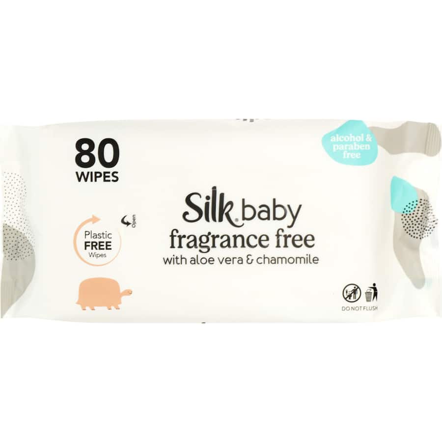 Silk Baby Wipes: eco-friendly, plastic-free, fragrance-free wipes with aloe vera and chamomile for sensitive baby skin.