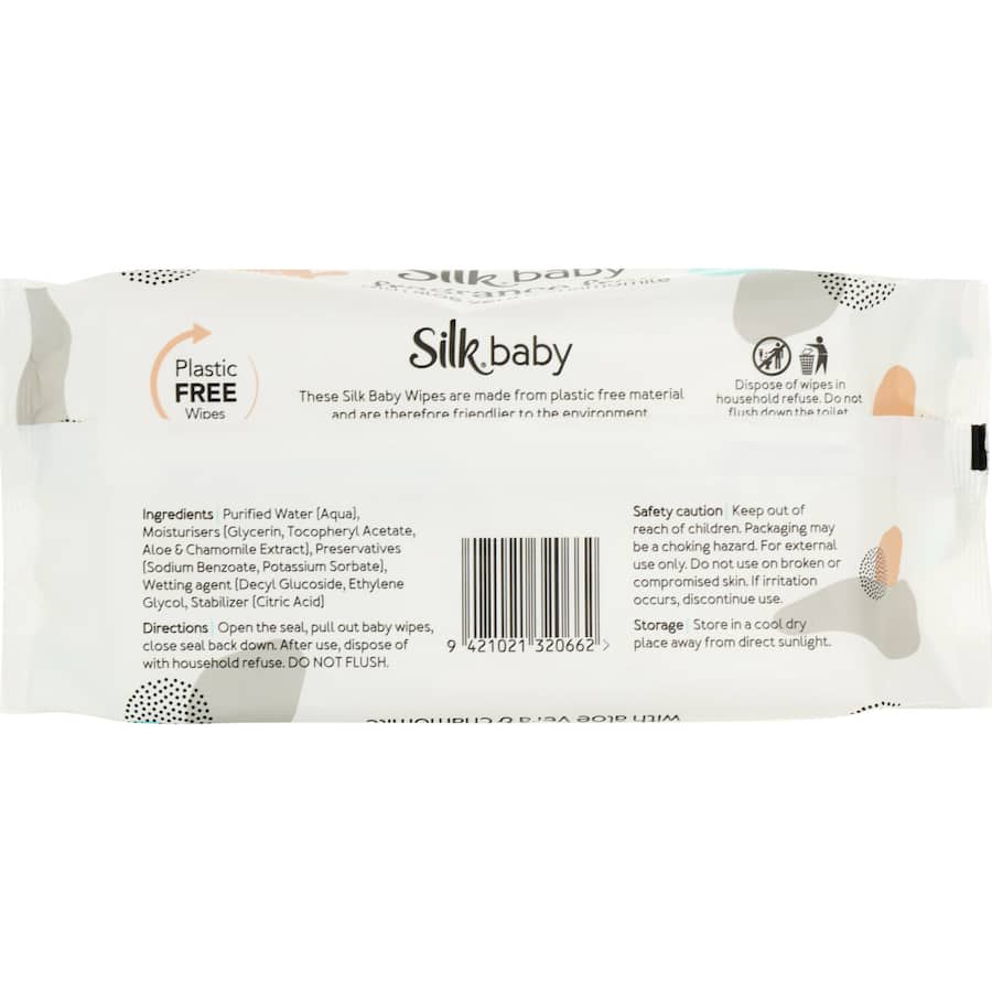 Silk Baby Wipes: eco-friendly, plastic-free, fragrance-free wipes infused with aloe vera and chamomile for sensitive skin.
