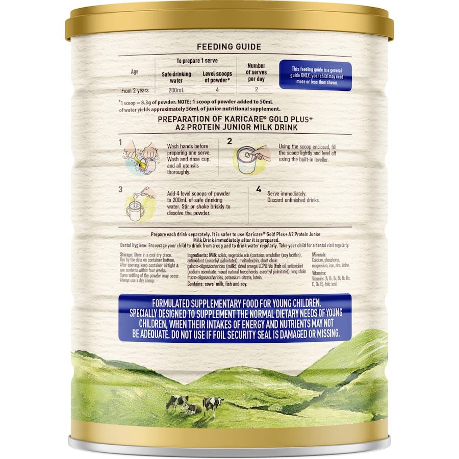 Karicare Gold Plus+ A2 Protein Junior Milk Drink for toddlers contains natural A2 milk, 16 vitamins, and no preservatives.