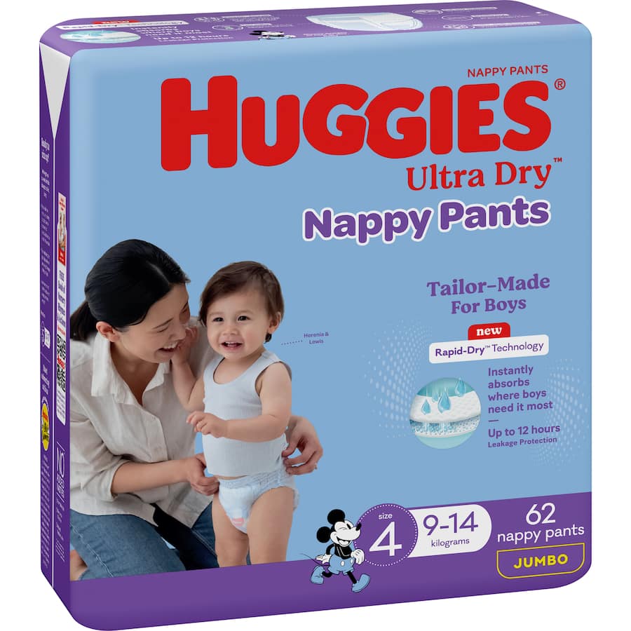 Huggies Ultra Dry Nappy Pants Boys Size 4 (9-14 Kg) Jumbo pack 62pack
