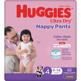 Huggies Ultra Dry Nappy Pants Girls Size 4 (9-14kg) Jumbo pack 62pack