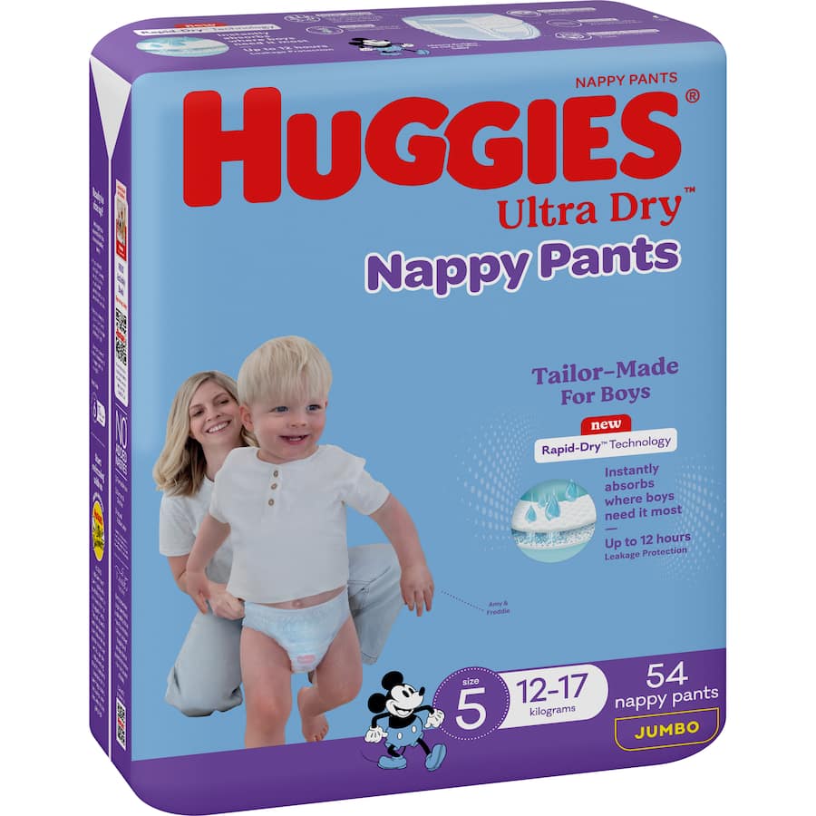 Huggies Ultra Dry Nappy Pants Boys Size 5 (12-17kg) Jumbo pack 54pack