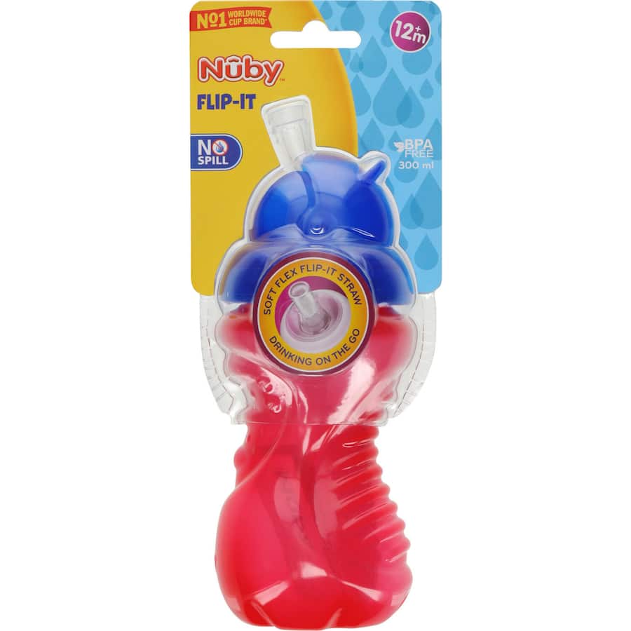 Nuby No Spill Flip It Baby Drink Bottle with Soft Flex Straw, 300ml, designed for mess-free sipping and gentle on gums.