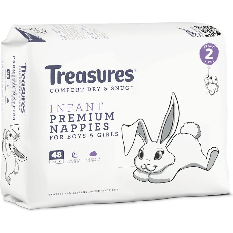Treasures Comfort Nappies feature ultra-soft, stretchy leak guards and a fun bunny pattern, designed for infants 4-7kg.