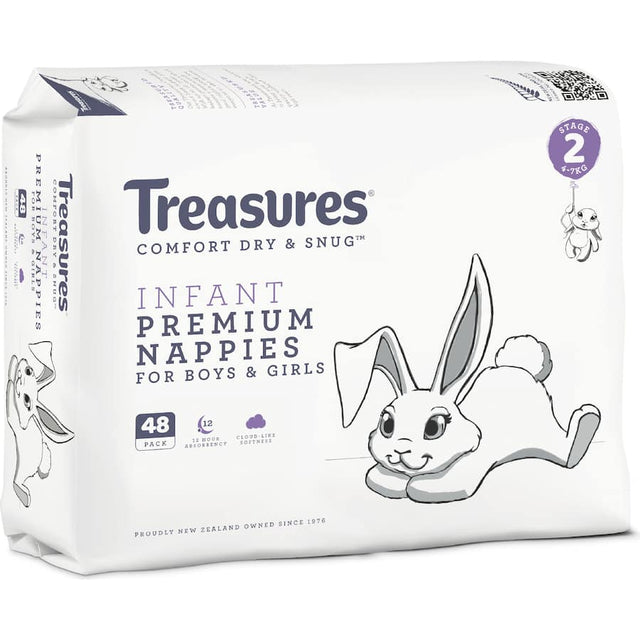 Treasures Comfort Nappies feature ultra-soft, stretchy leak guards and a fun bunny pattern, designed for infants 4-7kg.