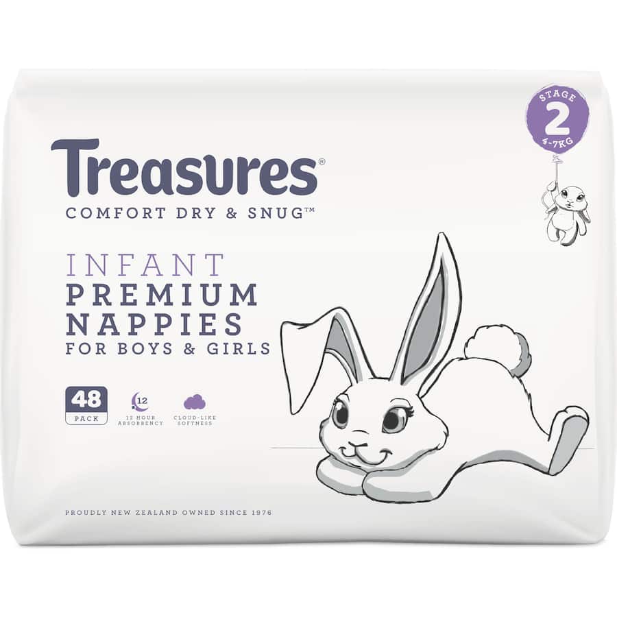 Treasures Comfort Nappies for infants 4-7kg, featuring ultra-soft materials, breathable layers, and playful bunny and balloon design.