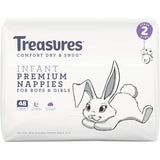 Treasures Comfort Nappies for infants 4-7kg, featuring ultra-soft materials, breathable layers, and playful bunny and balloon design.