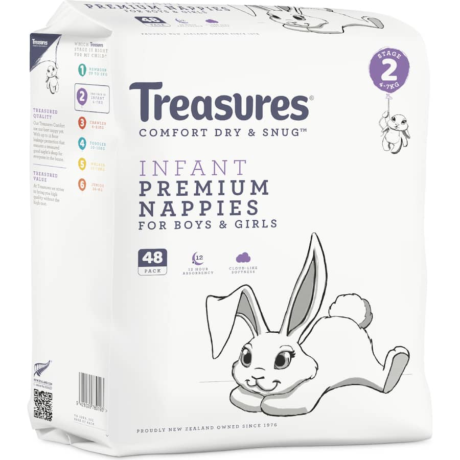 Treasures Comfort Nappies for infants 4-7kg featuring 12 hours absorbency, soft fit, and playful bunny balloon design.