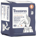 Treasures Comfort Nappy Pants Junior feature ultra-absorbent layers, soft leak guards, and a playful bunny pattern for comfort.