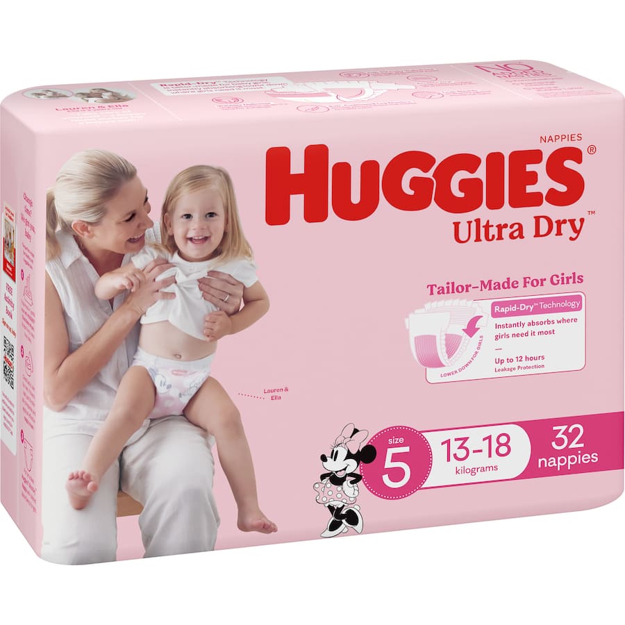 Huggies Ultra Dry Nappies Girls Size 5 (13-18kg) Bulk pack 32pack