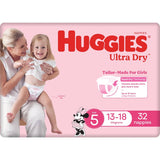 Huggies Ultra Dry Nappies Girls Size 5 (13-18kg) Bulk pack 32pack