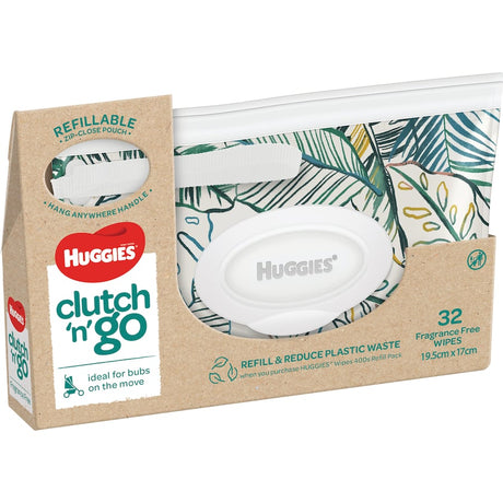 Huggies Baby Wipes Clutch N Go with refillable pouch, 32 fragrance-free wipes, perfect for on-the-go parenting.