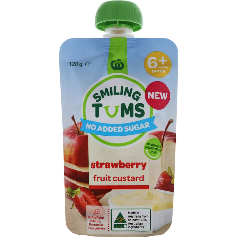 Woolworths Smiling Tums Baby Food apple and strawberry custard puree in a convenient pouch for babies 6+ months.