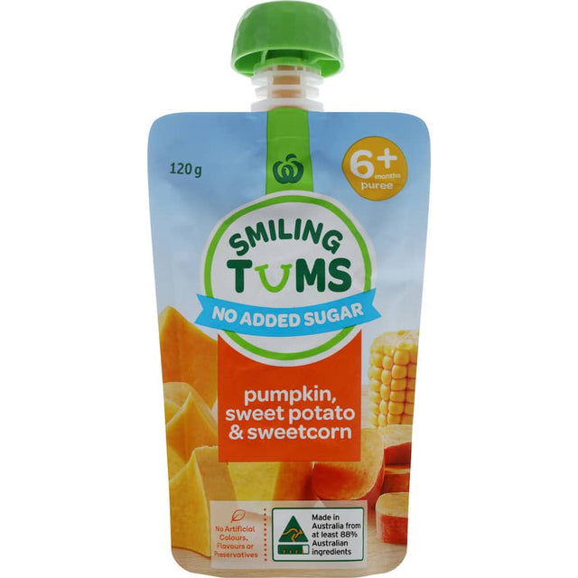 Woolworths Smiling Tums Baby Food pouch containing nutritious pumpkin, sweet potato, and corn puree for babies on the go.