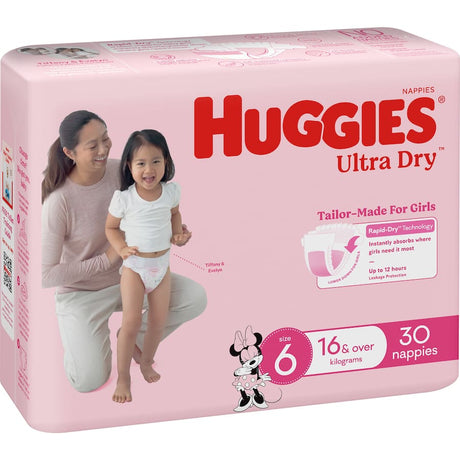 Huggies Ultra Dry Nappies for Girls, Size 6, featuring Minnie Mouse designs, offer 12 hours of leak protection and targeted absorbency.