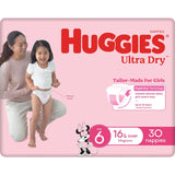 Huggies Ultra Dry Nappies Girls Size 6 with moisture-absorbing layer, breathable cover, and colorful Minnie Mouse designs.
