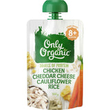 Creamy organic baby food blend of chicken, cheese, and cauliflower for 8+ months, promoting healthy growth and chew skills.