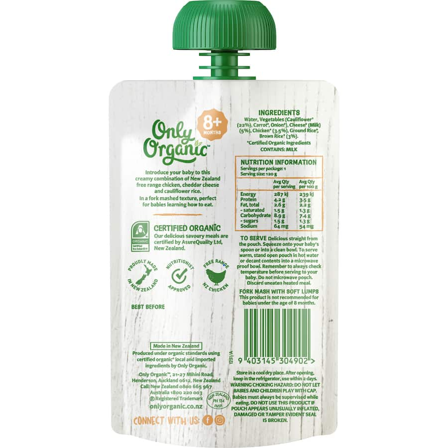 Only Organic Baby Food for 8+ months featuring chicken, cheese, and cauliflower in a fork-mashed texture for babies learning to chew.