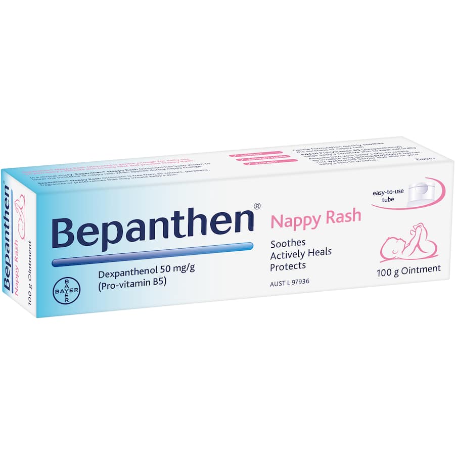 Bepanthen Nappy Rash Ointment for soothing nappy rash, enriched with provitamin B5 for gentle skin repair and hydration.