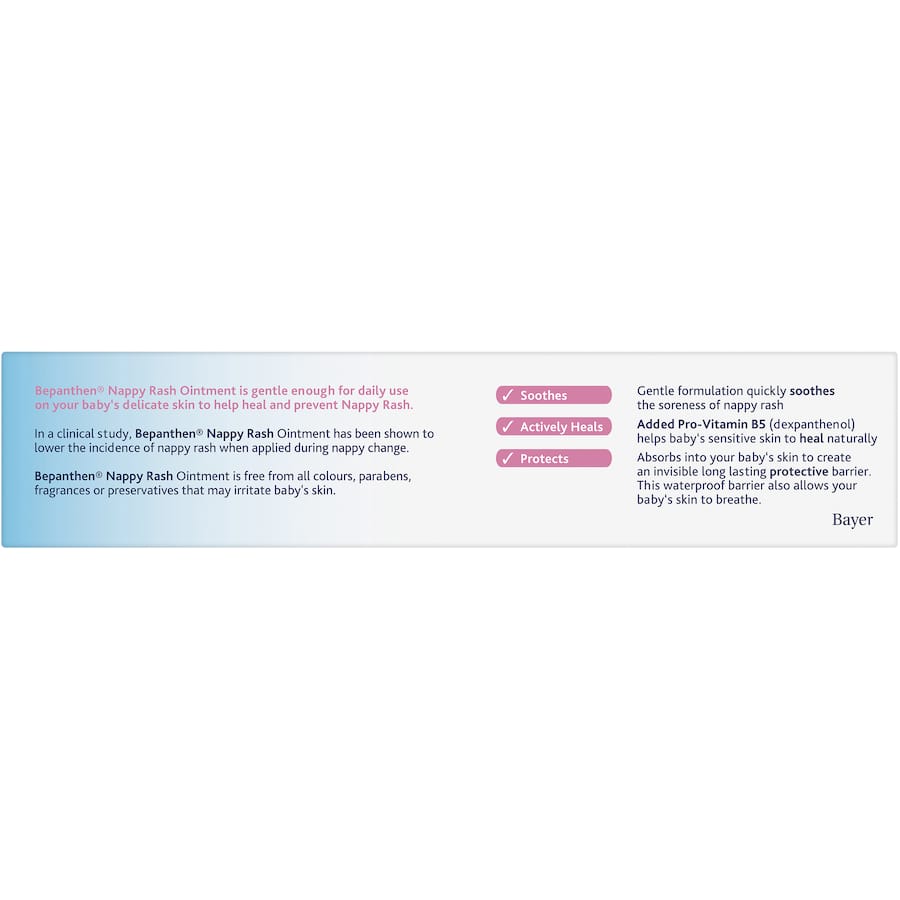 Bepanthen Nappy Rash Ointment offers soothing relief and protection against nappy rash for delicate baby skin.