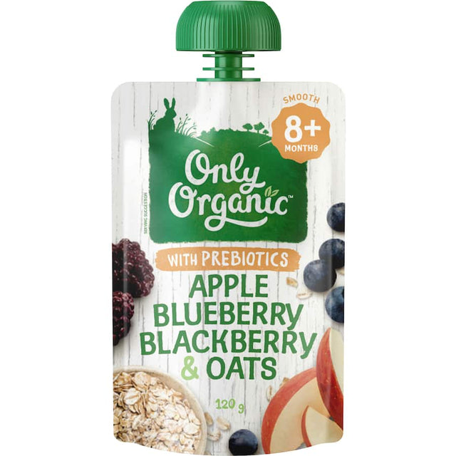 Organic baby food for 8+ months: a nutritious blend of apple, blueberry, blackberry, and oats, promoting healthy growth and digestion.