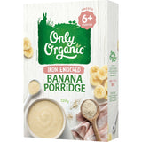 Smooth and nutritious Only Organic Baby Cereal Banana Porridge, made with organic oats and ripe bananas for healthy infant meals.