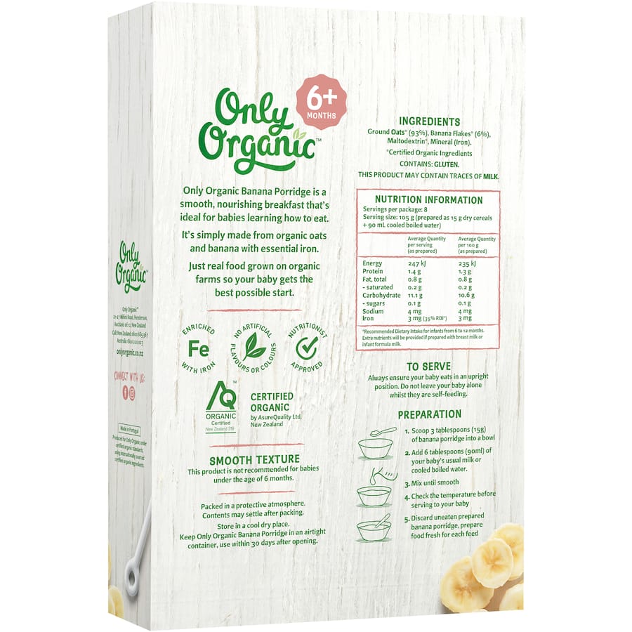 Smooth organic banana porridge made from oats, perfect first food for babies, enriched with essential iron for growth.