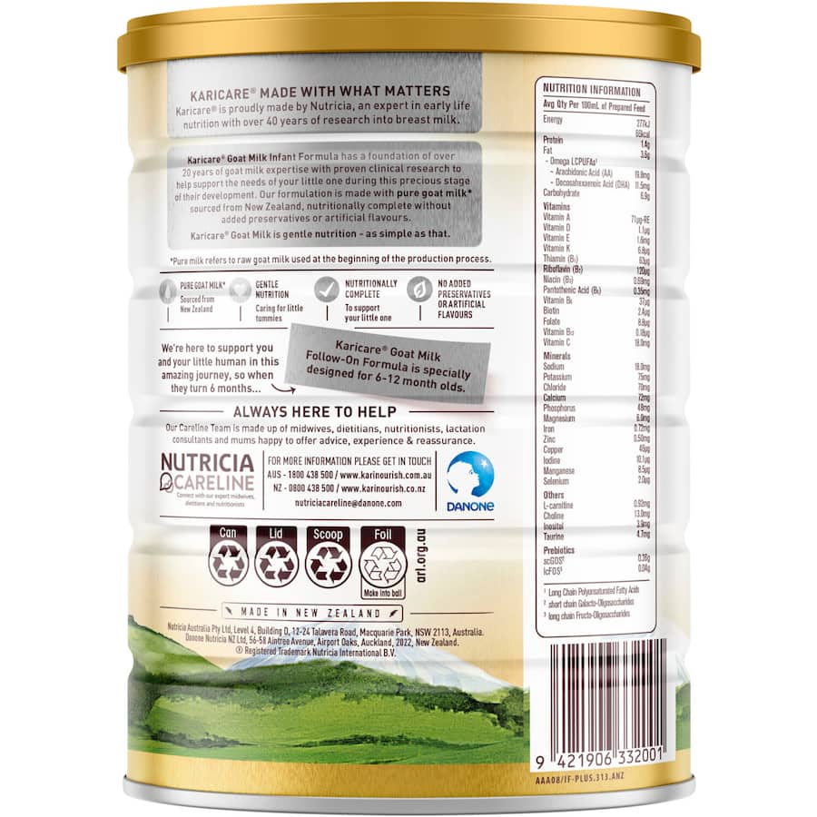 Karicare Goat Milk 1 Infant Formula in recyclable packaging, designed for gentle nutrition from birth to 6 months.
